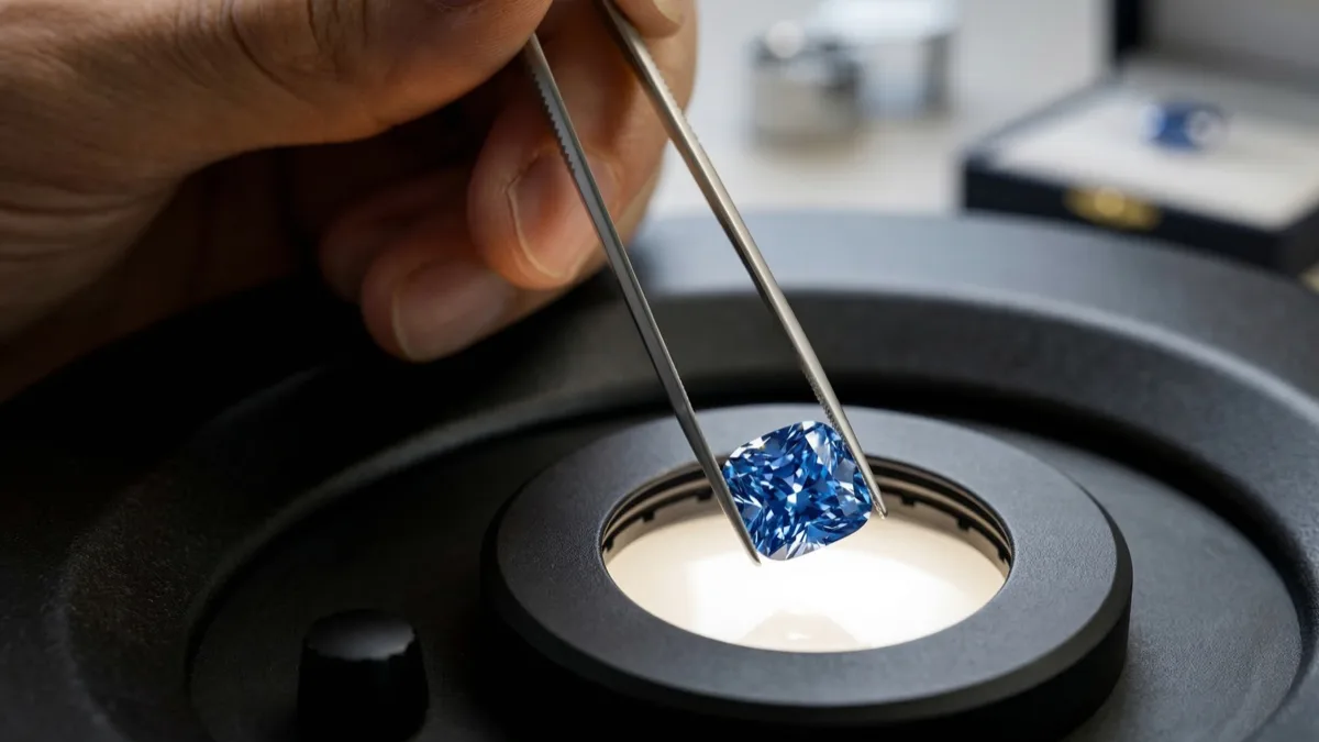 Gemologist examining a colored gemstone under a microscope