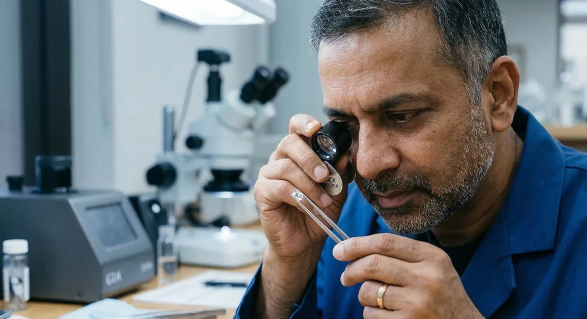 Gemologist examining a natural diamond during the grading process